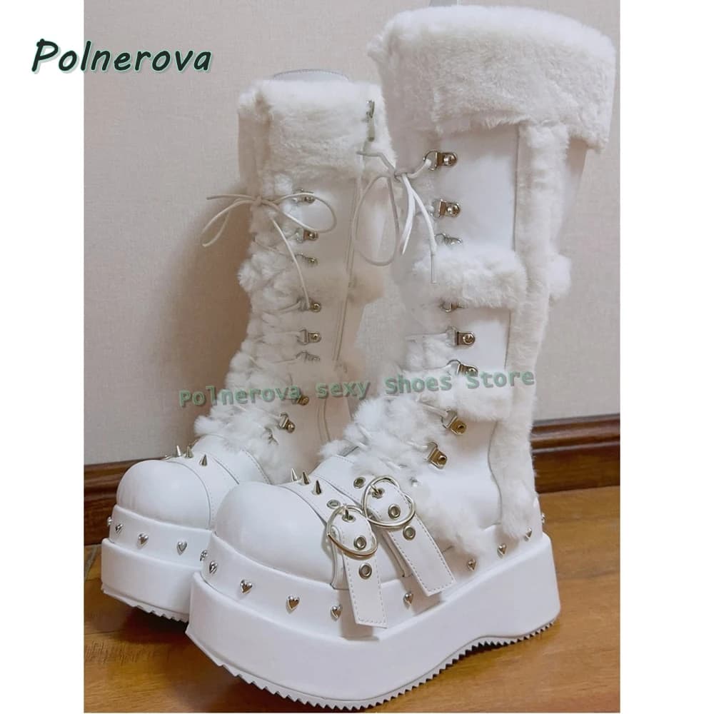 Y2K Boots with White Synthetic Fur Rivet Round Toe Thick Sole Lace Belt Buckle Patchwork Women's Knee Boots Winter Subculture Style