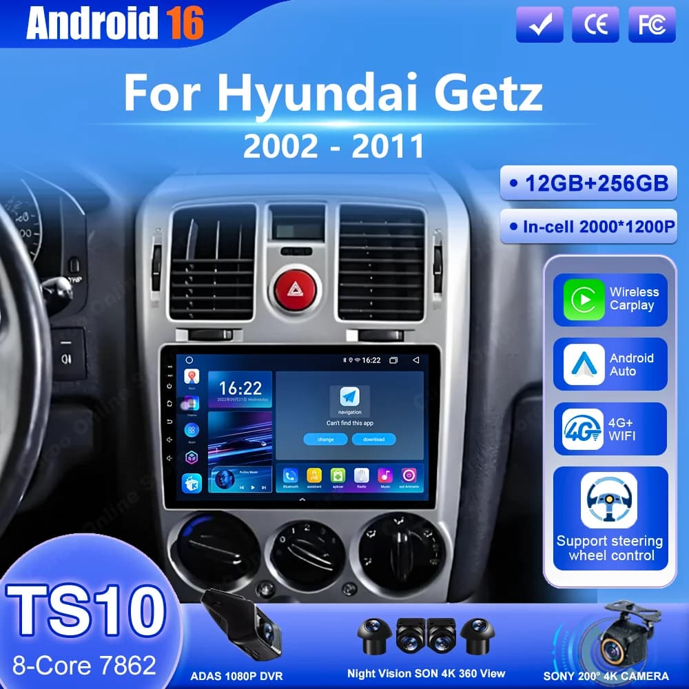 Android 16 Auto Carplay per Hyundai Getz 2002-2011 Autoradio Stereo Lettore Multimediale GPS Bluetooth DSP Stereo Schermo QLED 4G BT