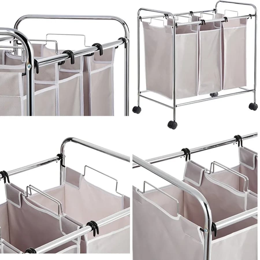 Organizzatore per Bucato a 3 Scomparti con Sacchi Rimovibili, Telaio in Metallo, Lavabile, Ruote Bloccabili, Grigio