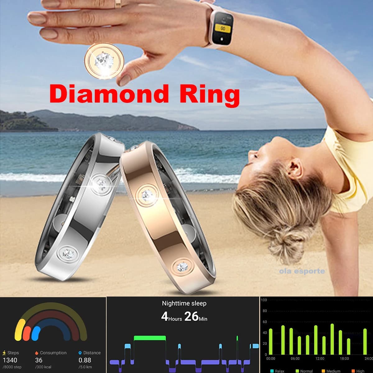 Ola Esporte Diamond Luxury Smart Ring Health Monitor Ip68 Impermeabile Salute Coppia SmartRing Regalo Sport Analisi dei dati Controllo BT