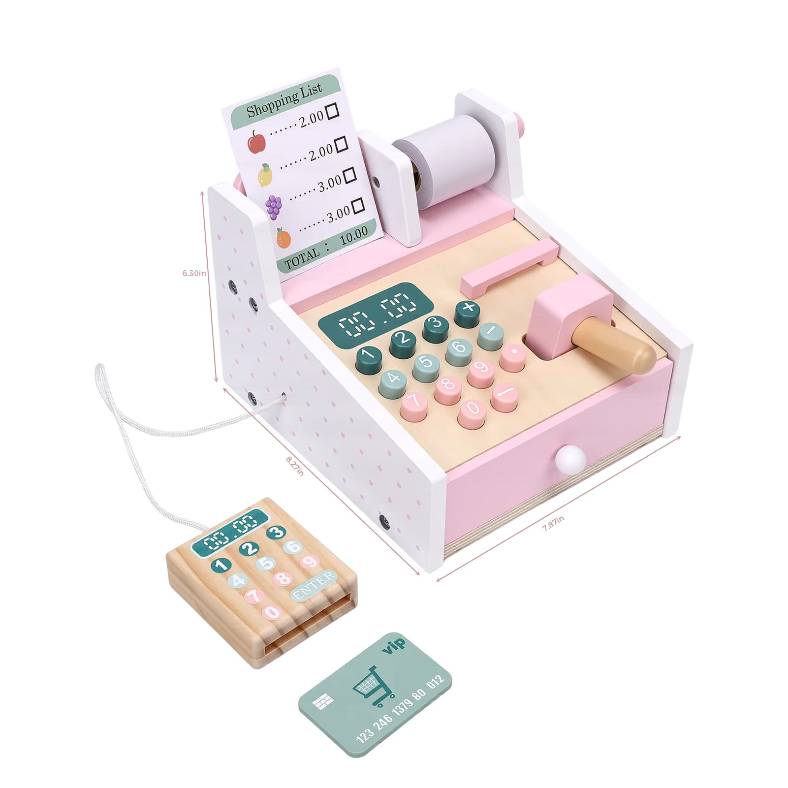 Wooden Cash Register Wooden Cash Register with Scanner Math Learning Role Play Cashier Game Set for Kids Pink