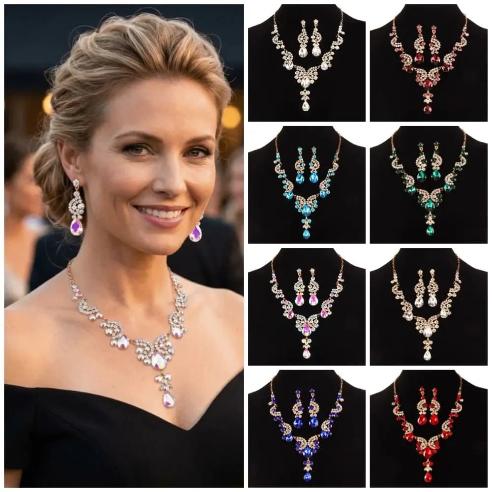 Set di Gioielli di Lusso con Strass, Elegante Set Classico di Collana e Orecchini, Set di Gioielli Brillanti Regolabili per Donne e Ragazze