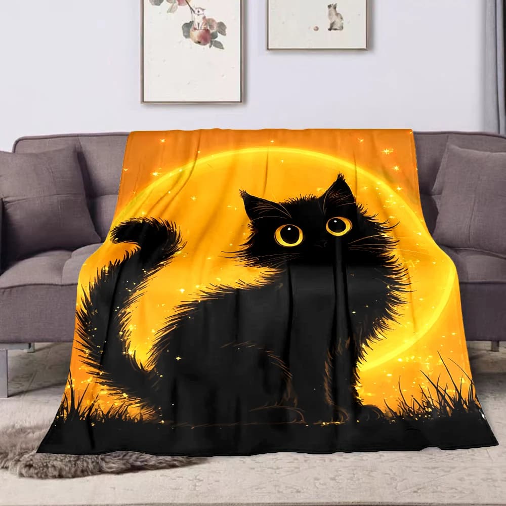 1PC Coperta calda con stampa gatto nero e luna piena per adulti e bambini, per casa, viaggi, auto, morbida e confortevole, adatta a tutte le stagioni