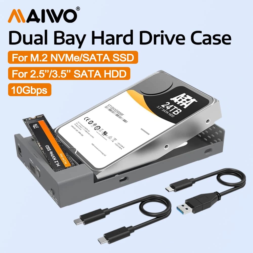 MAIWO Box esterno a doppia baia per SSD M.2 NVMe SATA e HDD SATA da 2,5/3,5 pollici con custodia USB-C portatile da 10 Gbps