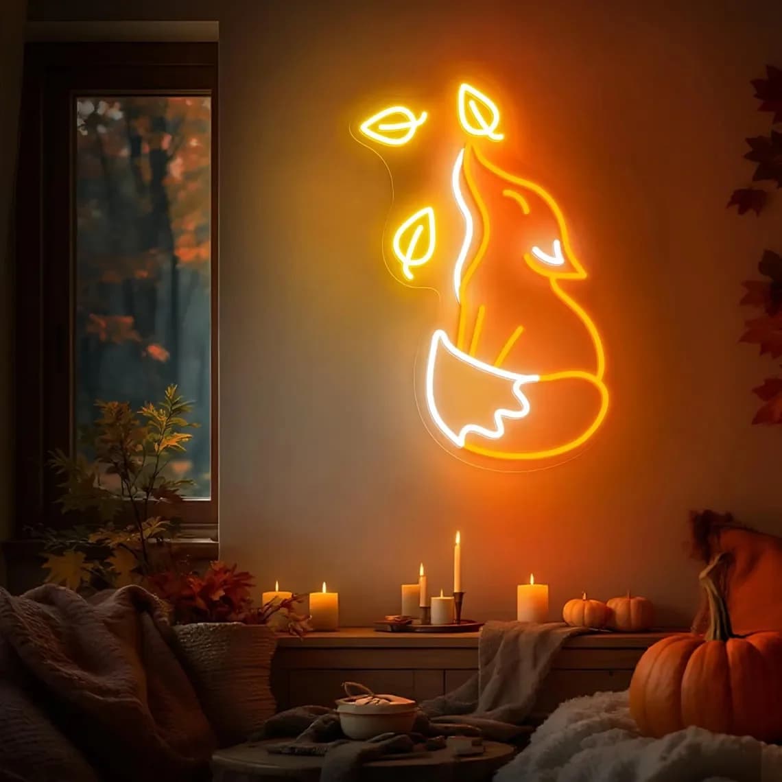 Insegna al neon con volpe con foglia autunnale Simpatico animale Decorazione da parete Insegna al neon personalizzata