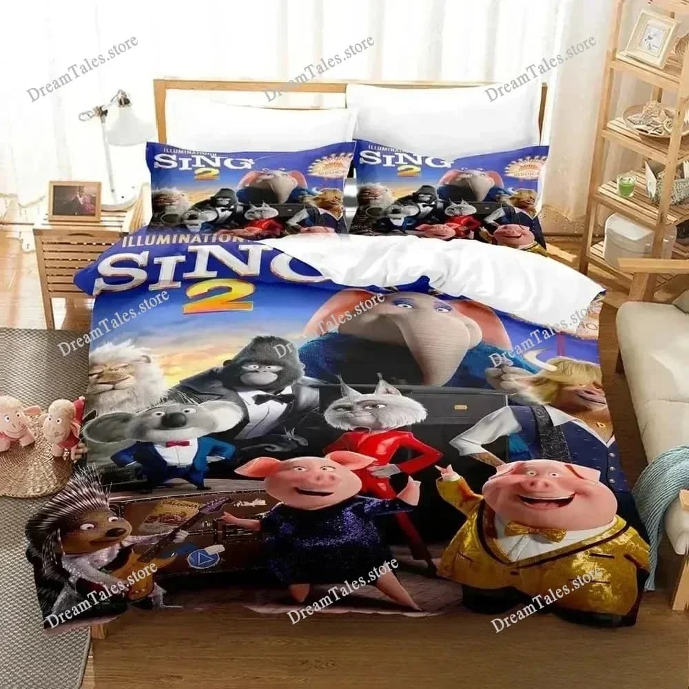 Set di Biancheria da Letto con Stampa 3D Cartoon Sing 2, Copripiumino, Set Copriletto, Federe, Piumone, Misura King e Queen per Ragazzi e Adulti