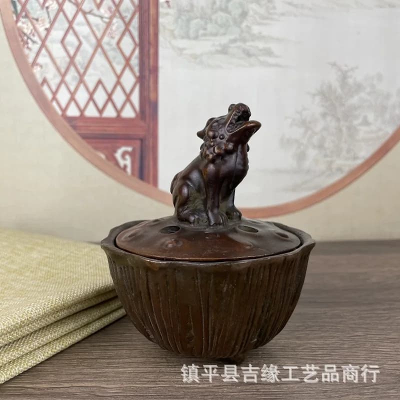 Lotus Flower Shape Incense Burner with Old Relief, Desk Ornament for Home Furniture