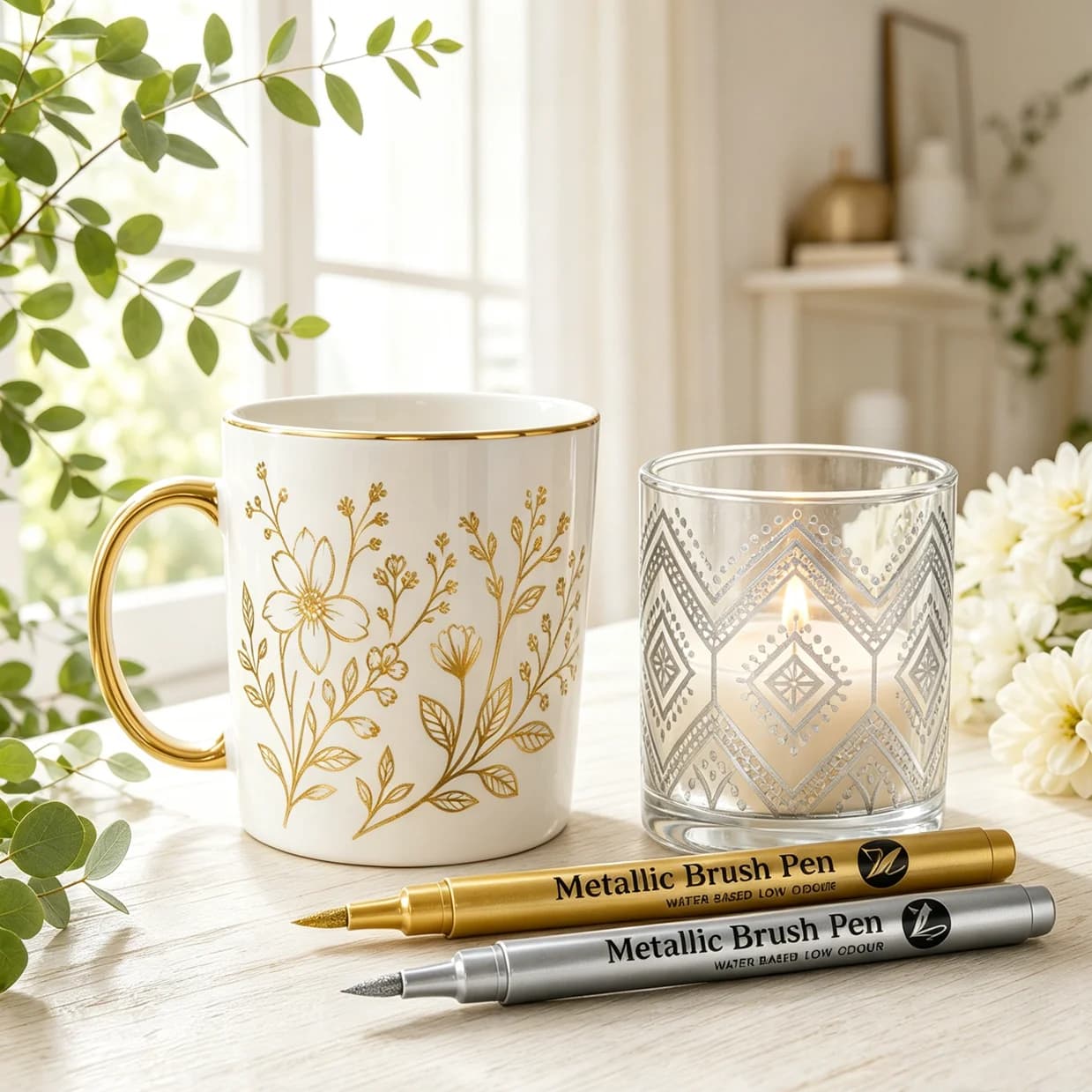5pcs Metallic Brush Marker Pen Set - Silver and Golden Paint Pens for Calligraphy, Scrapbooking & DIY Art Crafts
