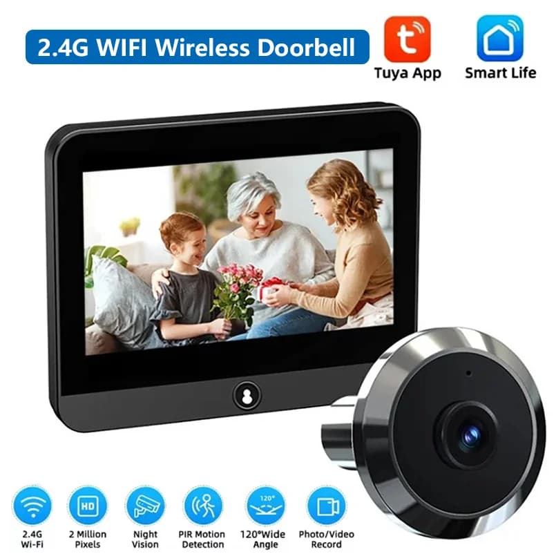 Campanello Wireless Tuya WiFi con Telecamera di Sorveglianza HD, Rilevamento Movimento PIR, Visione Notturna, Schermo da 4,3 Pollici, Videocitofono Ricaricabile