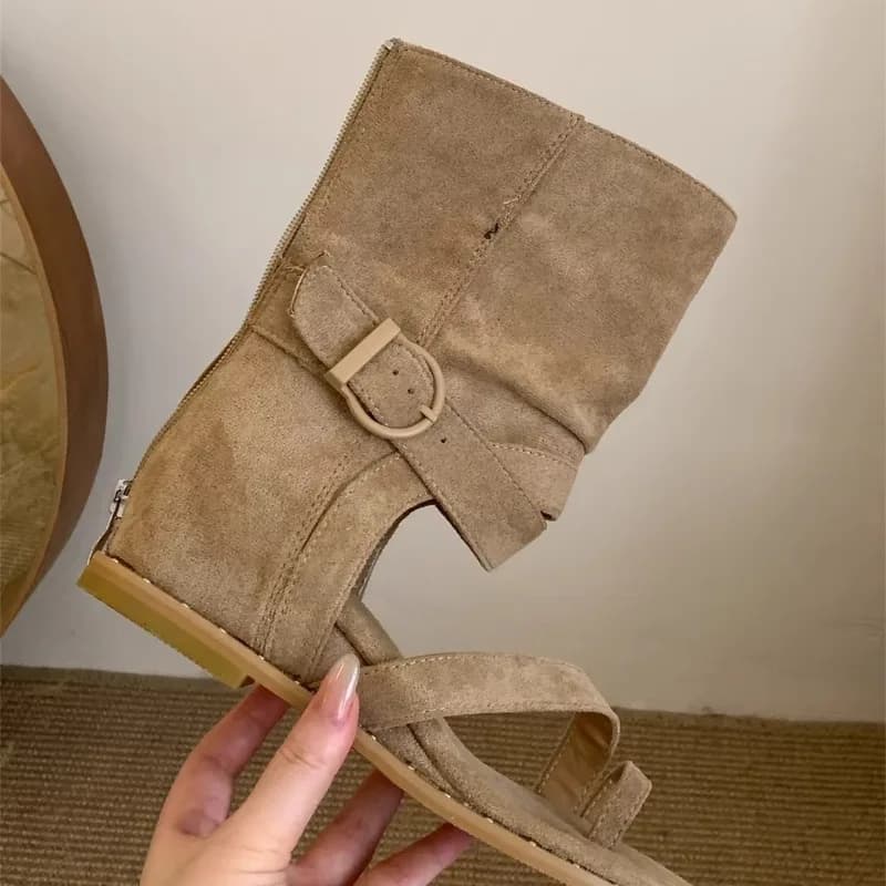 Stivali Sandalo da Donna di Design Y2K Gotico con Punta Aperta e Fibbia, Stivaletti al Ginocchio in Camoscio