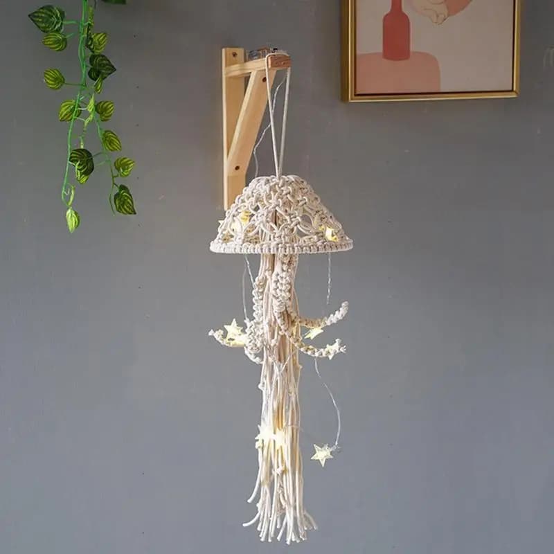 Nordic Macrame Dream Catcher Handmade Cotton Rope Woven Pendant With Light String Creative Jellyfish Dream Catcher Room Decor
