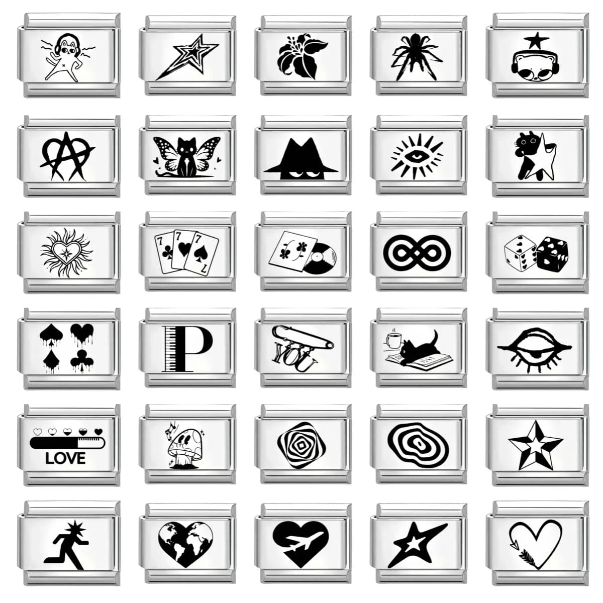 Creative Laser Engraving Cat Heart Flowers Eye Tape Italian Charm Links Fit 9MM Stainless Steel Bracelet DIY Making Jewelry Gift