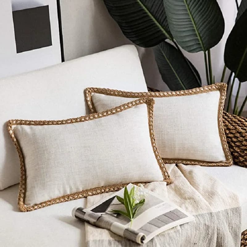Farmhouse Lumbar Throw Pillow Covers 1/2 Pack 30x50cm 45x45cm 50x50cm Burlap Linen Trimmed Tailored Edges Rectangle Pillowcases