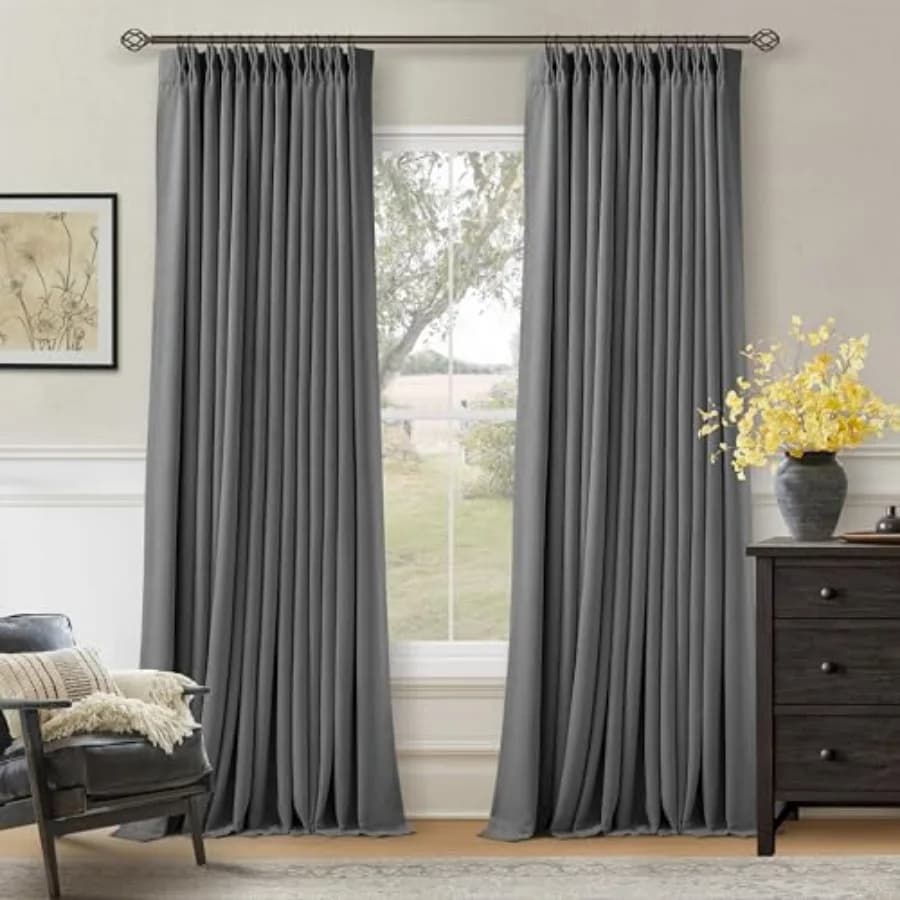 Tende a Pieghe Plissettate Lunghe 102 Pollici per Camera da Letto, 100% Lino Spesso a Doppio Strato, Stile Rustico Country, Colore Antracite