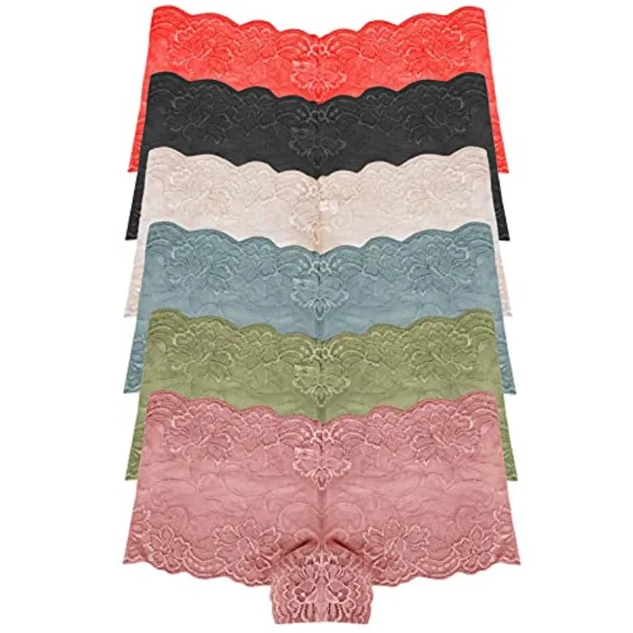 RUNYA Womens Lace Boyshort Panties Lingerie Underwear Briefs, Pack of 6