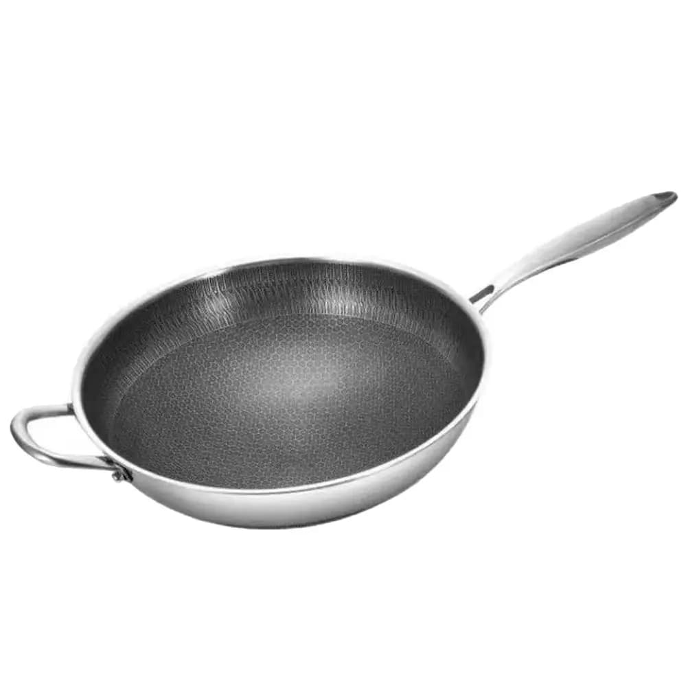 Wok in Acciaio Inox con Struttura a Nido d'Ape, Padella Antiaderente con Doppio Manico per Cucina, Senza Rivestimento