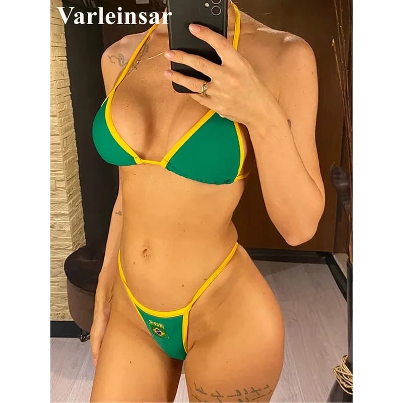 Perizoma perizoma bikini brasiliano costumi da bagno donna costume da bagno femminile bikini a due pezzi bagnante bandiera brasil costume da bagno V6092
