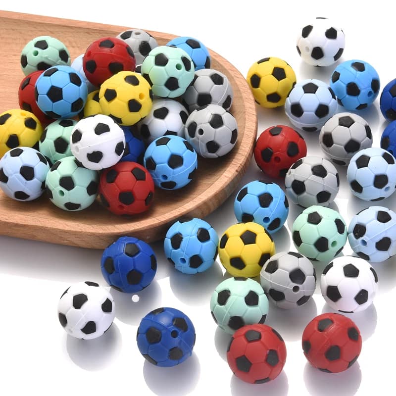 10 pezzi perline per massaggiagengive in silicone per bambini modello di calcio cartone animato perline rotonde per catena ciuccio per bambini collana braccialetto penna perline fai da te