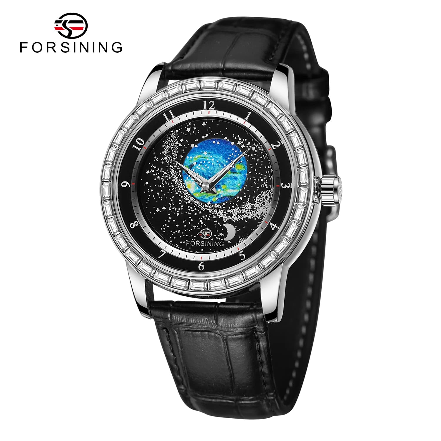 FORSINING Men's automatic luxury mechanical watch, leather strap with rhinestone dial, earth star, star moon, Milky Way