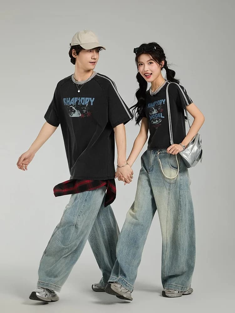 Tryforlove Couples Matching Short Sleeve T-shirts Men's Women's Versatile Summer New Style Street Style Print Casual Fit Cotton