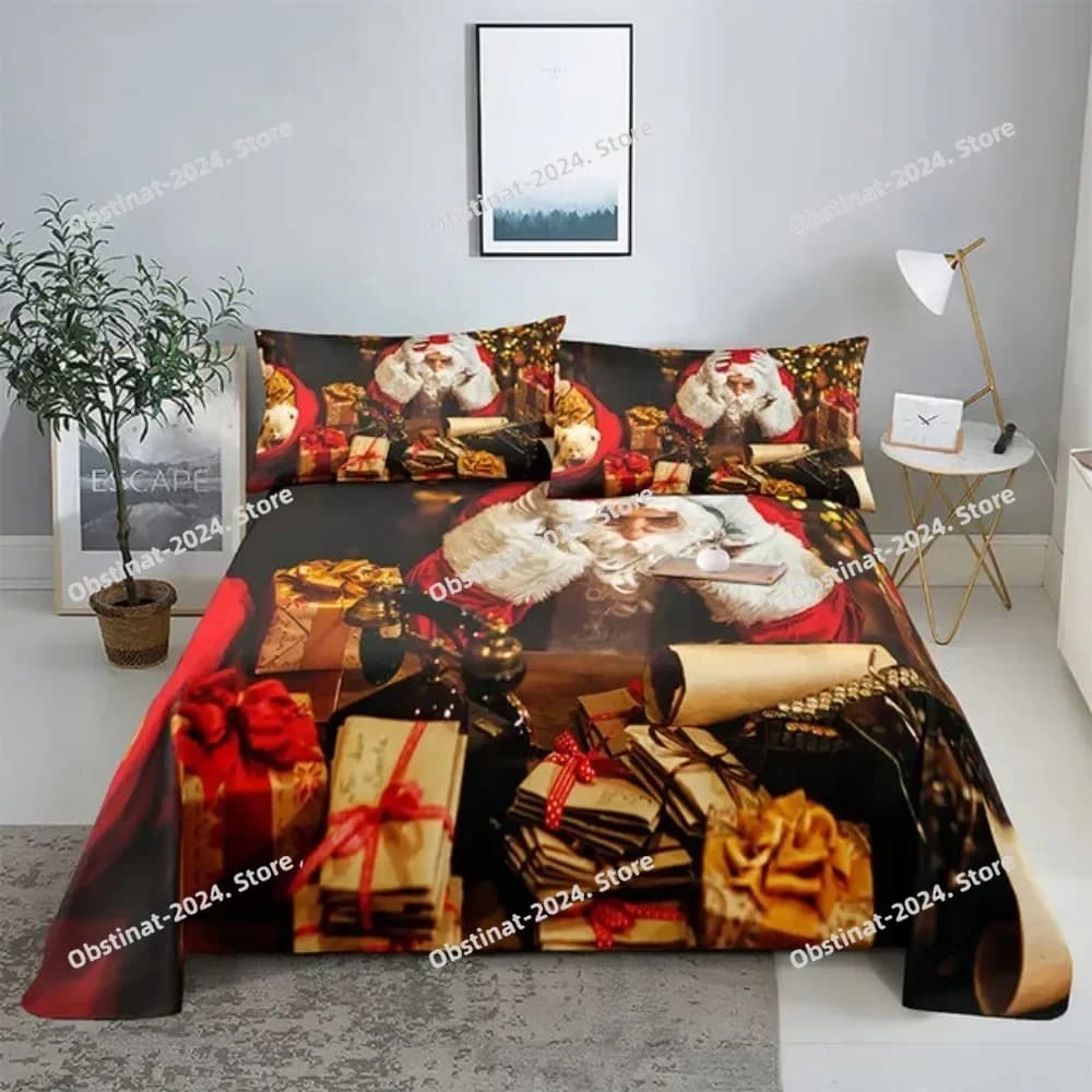 Set lenzuola Top Merry Christmas con federa Stampa Babbo Natale Decorazioni per la casa Capodanno King Queen Lenzuolo piatto letto rosso full size