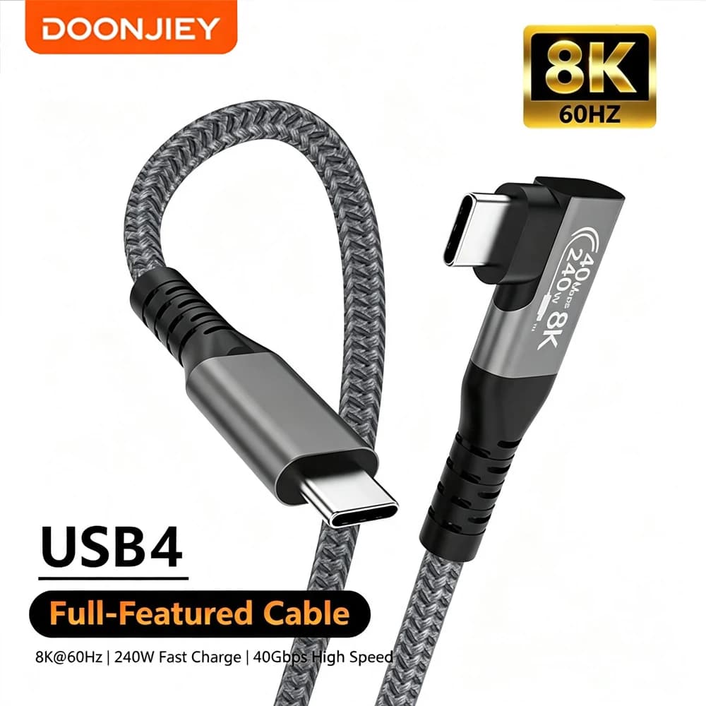 DOONJIEY Thunderbolt 4 USB4 90 Degree Type C Cable 40Gbps USB4 Elbow USB C to Type-C Data Transfer Cable PD 240W FAST USB-C