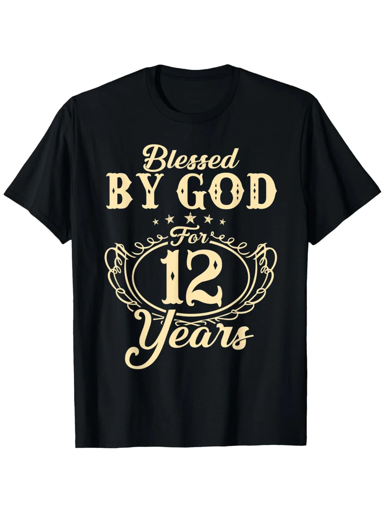 T-shirt Blessed By God 12 Years - Cotone 180g, scritta nera dorata, S-XXXL, regalo di Natale/Capodanno