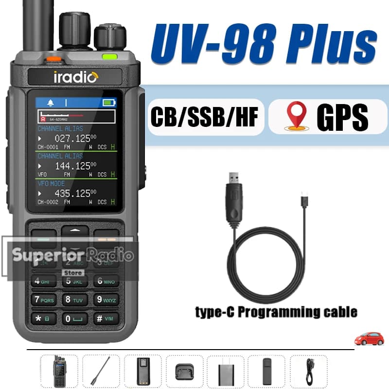 Iradio UV-98 Plus GPS Walkie Talkie APRS 10W Ripetitore a banda incrociata ad alta potenza Copia di frequenza veloce NOAA Monitor tripla banda Type-C