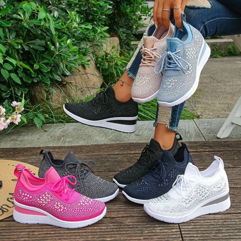Sneakers da Donna 2026 in Mesh Traspirante con Strass Lucidi, Scarpe Sportive con Zeppa, Moda Suola Spessa Antiscivolo, Scarpe Casual da Tennis e Camminata