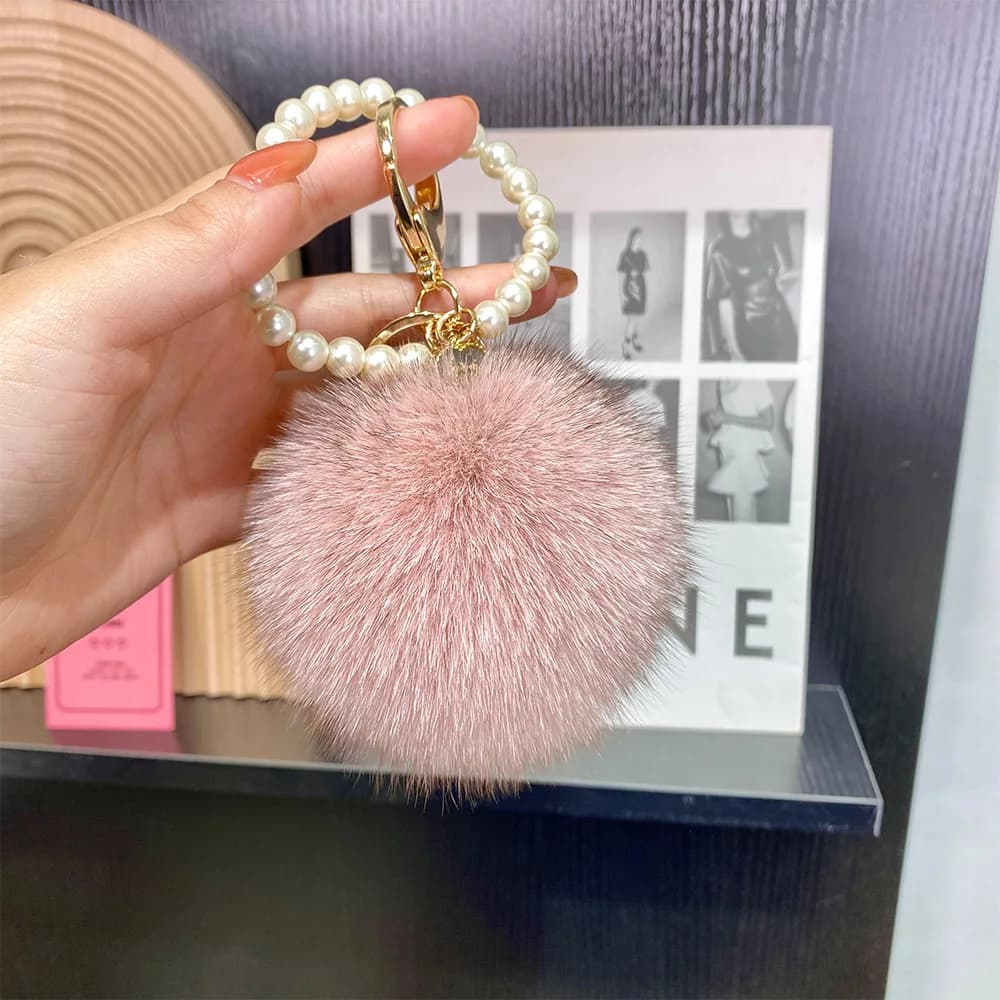 Portachiavi per auto con pelliccia di volpe vera, ciondolo morbido per borsa, decorazione carina per zaino con perle, accessorio di lusso morbido per telefono