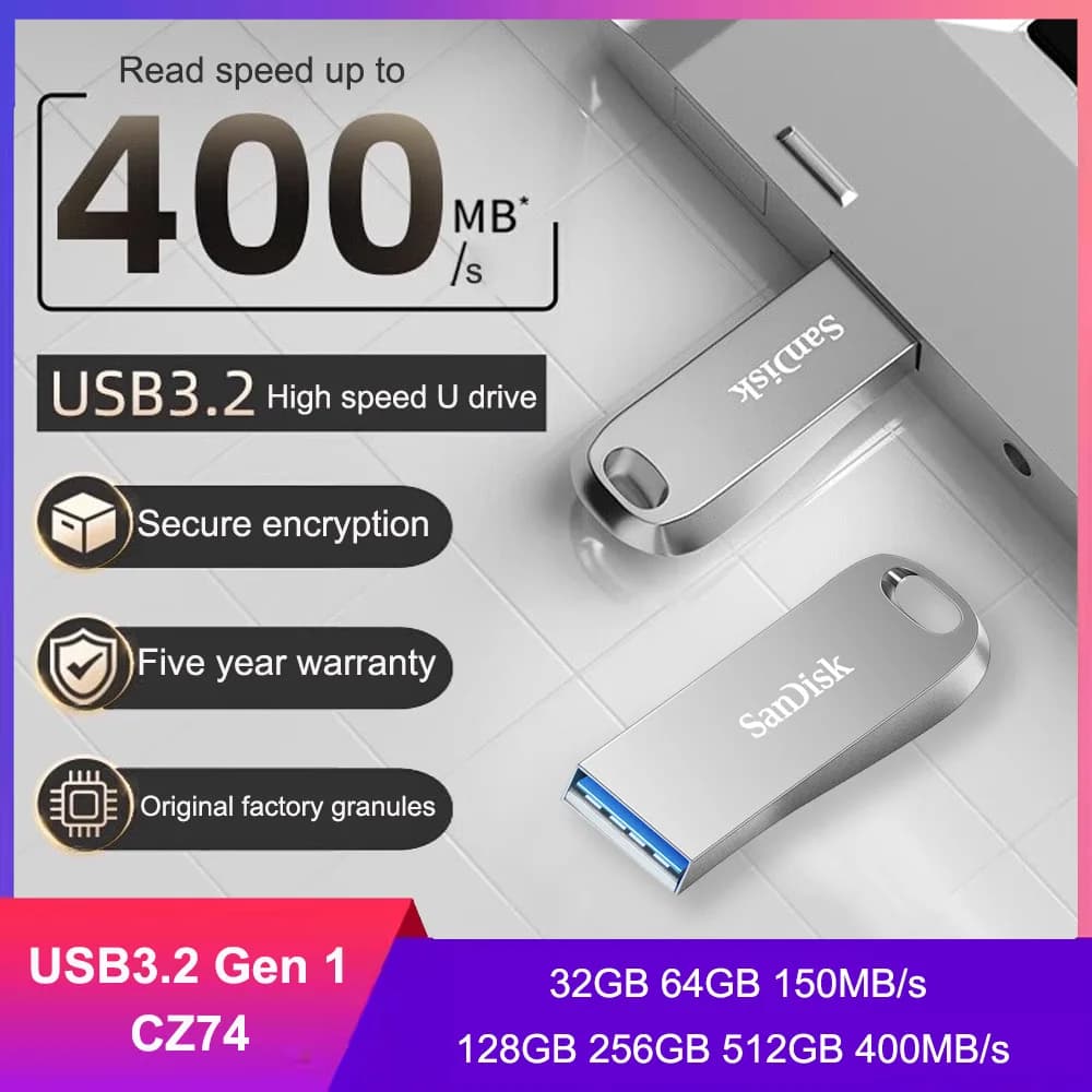 Sandisk SDCZ74 Chiavetta USB 3.2 Gen 1 32 GB 64 GB 128 GB 256 GB 512 GB Chiavetta di memoria Pendrive 150 M-400 MB/s Disco U con crittografia metallica