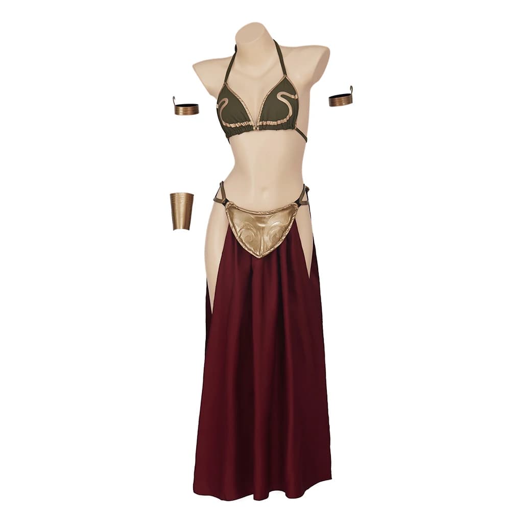 New Sexy Film Princess Cosplay Outfit Leia Slave Costume Dress Gold Bra e gonna accessori Halloween Masquerade Party Dress