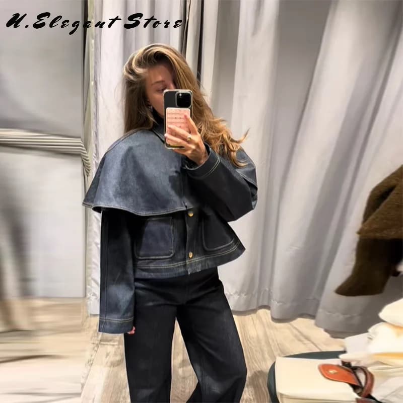 Chic Vintage Cape Giacca di jeans per le donne Risvolto monopetto Tasca Jean Cappotto Tasca Casual Outwear 2025 Autunno Inverno Cappotti