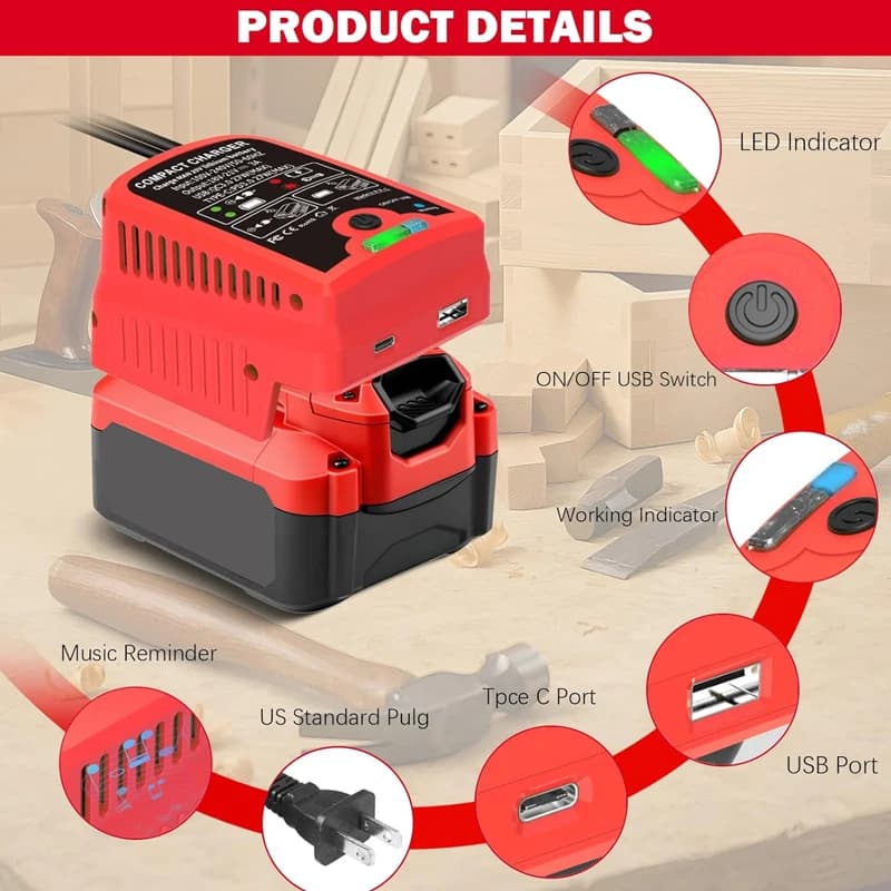 Adattatore per caricabatterie wireless veloce per batteria agli ioni di litio Craftsman da 20 V con uscita di tipo C e USB per caricabatterie da viaggio 3A per il campeggio