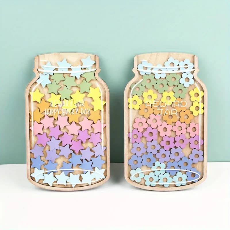 47PCS Barattolo di stella in legno 24.89x14.99cm Sistema di ricompensa per bambini Strumento di motivazione per lo studio Decorazione del desktop Bottiglia di risparmio