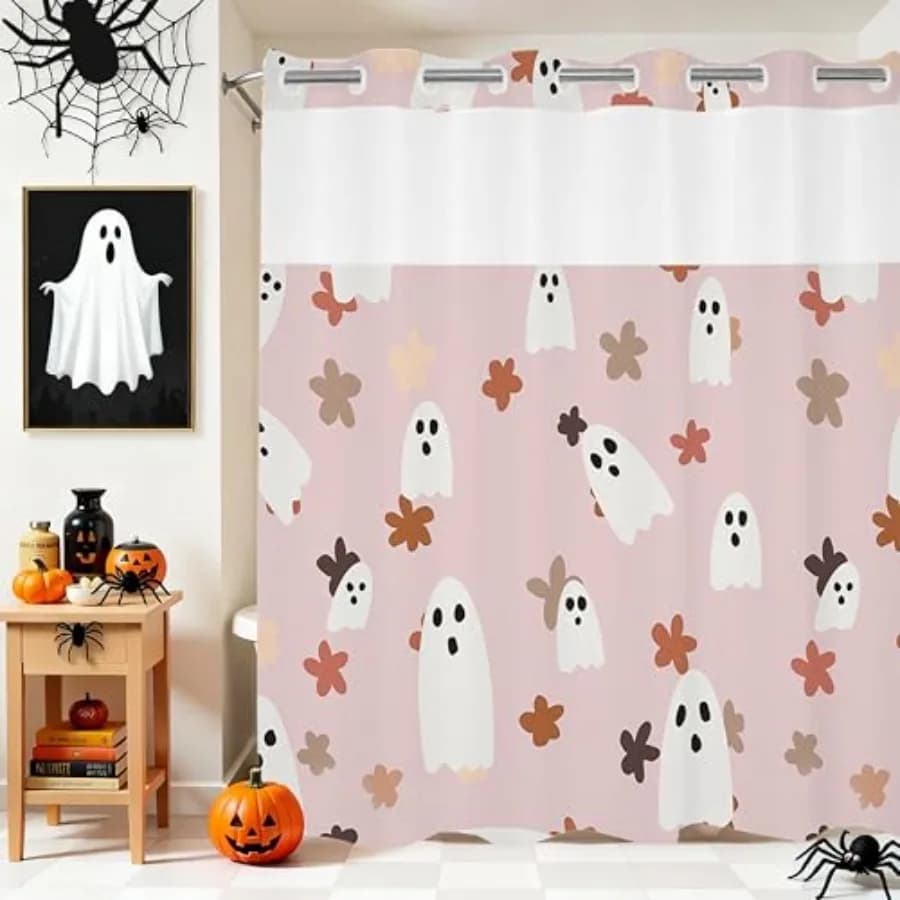 Tenda da doccia senza ganci con design fantasma rosa, graziosa tenda da bagno, tenda da bagno in tessuto impermeabile per decorazioni spaventose e bagno