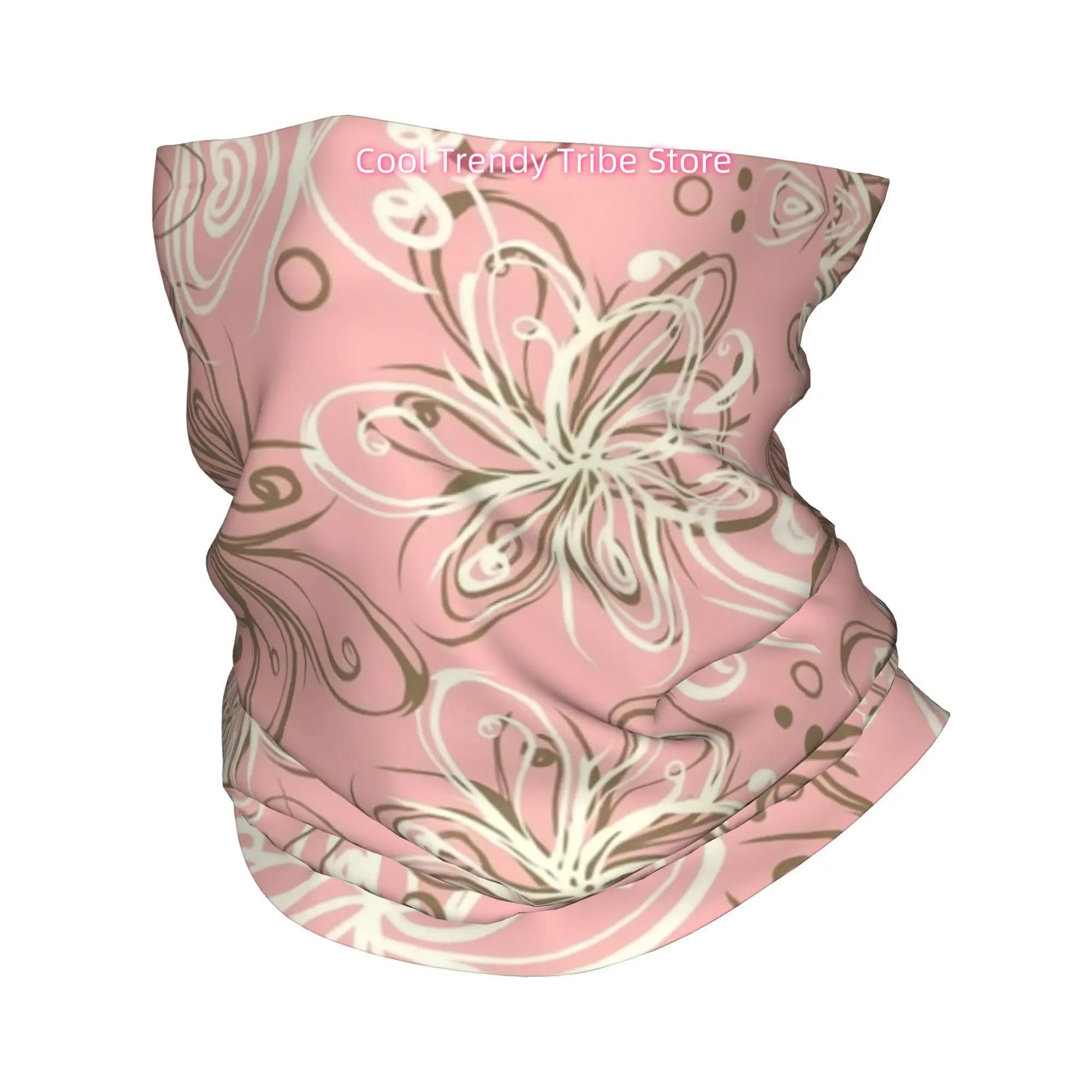 Delicate Swirly Floral Line Art Pattern in Cream And Brown on Soft Pink Background Novelty Head Scarf Bandana for Women Boho Flo