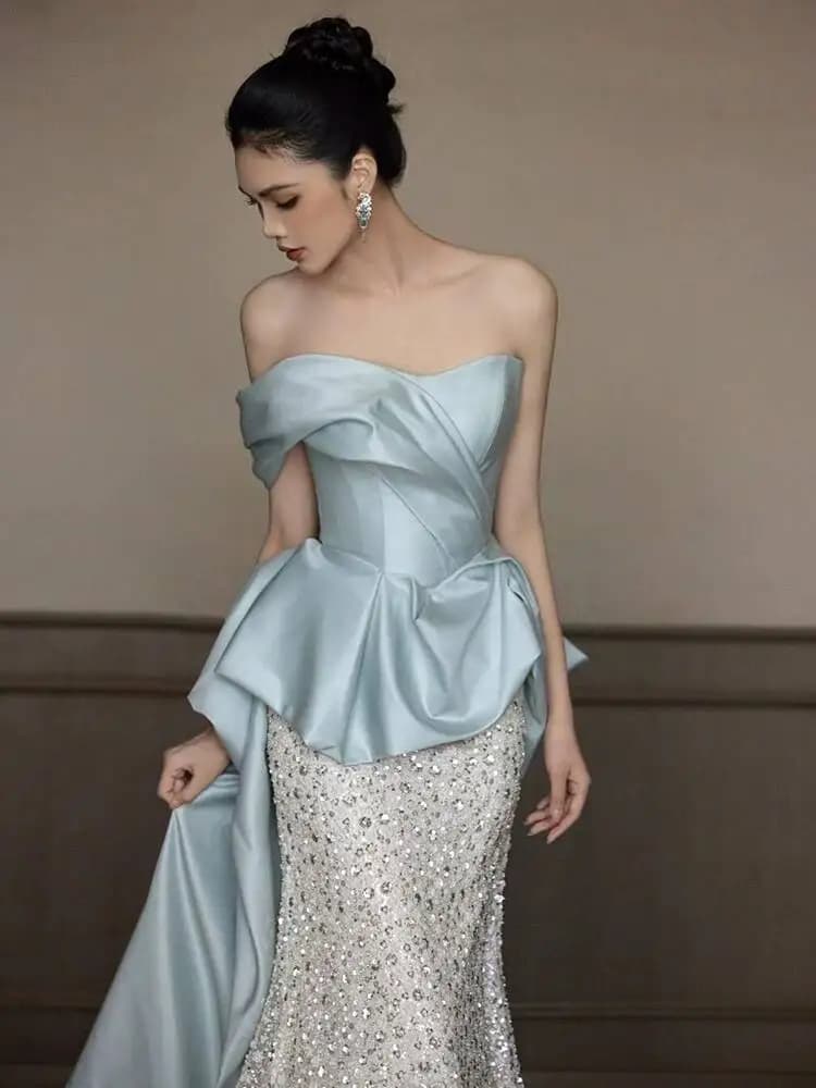 Blue Heavy-duty Evening Dress 2026 New Style Elegant Strapless Sequined High-end Fishtail Engagement Banquet Bridal Toast