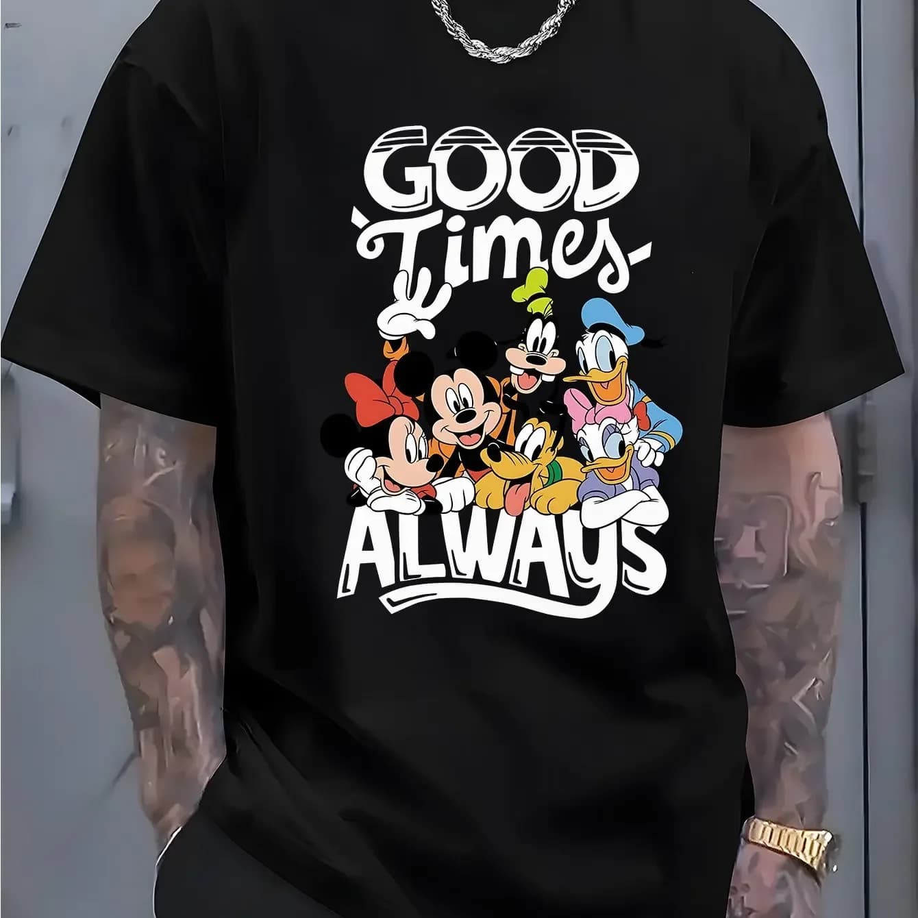 T-shirt da uomo DISNEY con orecchie e personaggi di Topolino - Maglietta a maniche corte con stampa Topolino, girocollo, casual, originale e con licenza ufficiale