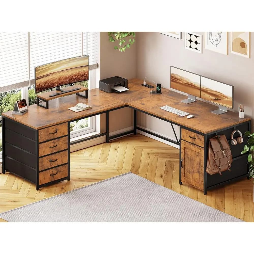 Scrivania ad angolo a L da 63'' con 5 cassetti, presa di corrente, ripiano per monitor e armadietto contenitore per ufficio domestico e gaming, marrone rustico