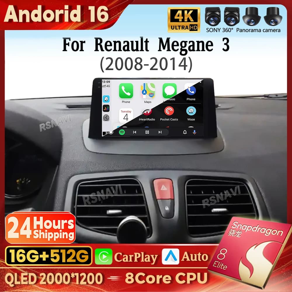 Autoradio Android 16 con Multimedia per Renault Megane 3 Fluence Samsung SM3 2008 - 2014, Carplay Wireless, DSP 48EQ, 2Din, BT