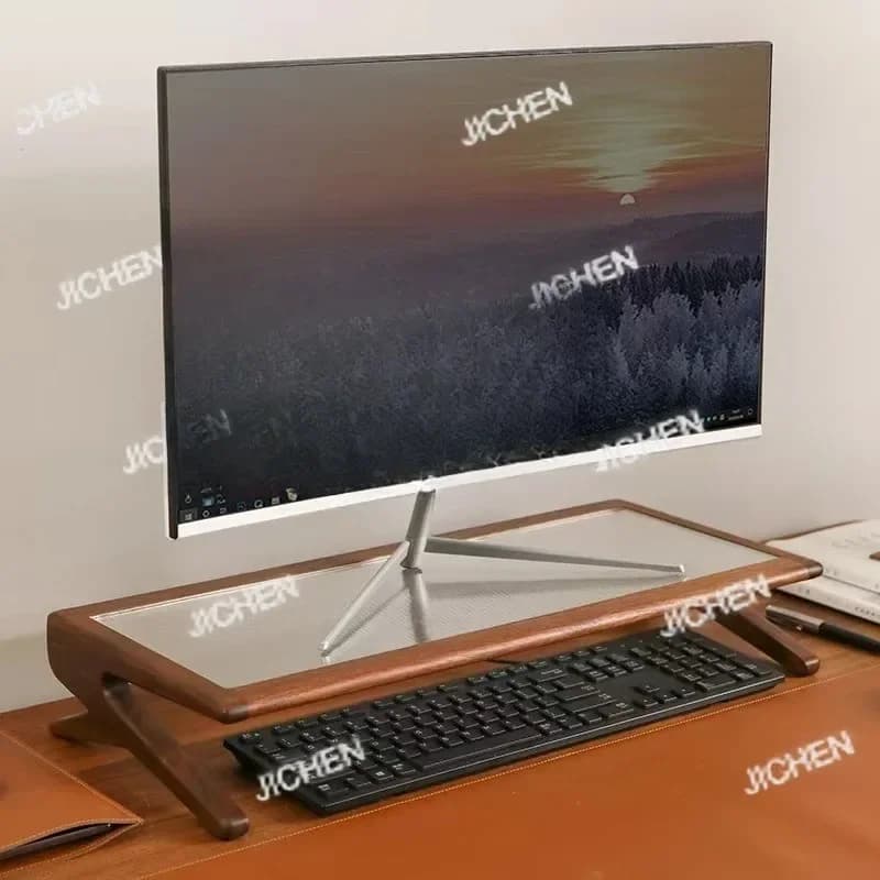 Supporto per Monitor da Scrivania in Legno Massello di Noce Nero JC con Base in Legno e Ripiano in Vetro