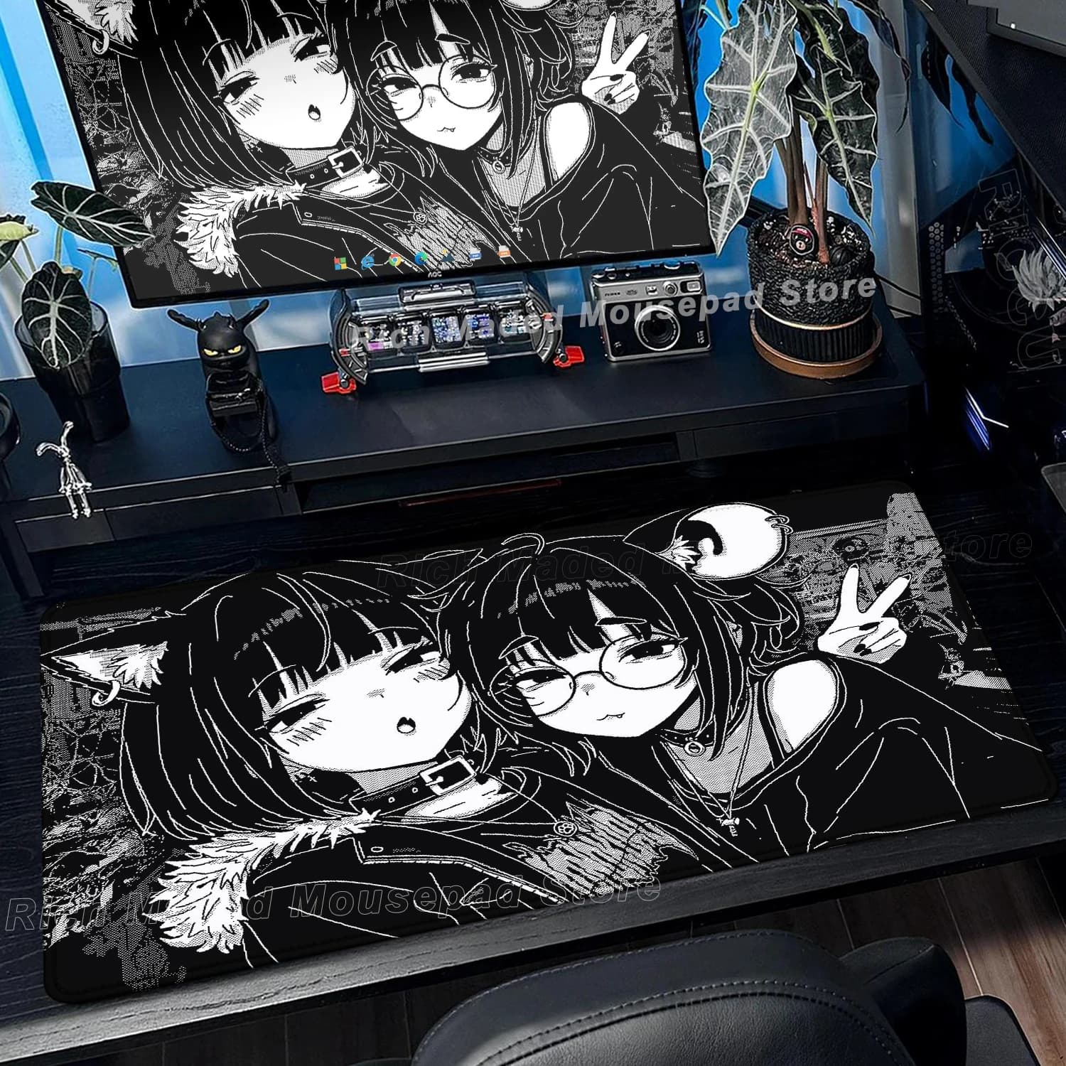 Tappetino per mouse Anime Girl bianco nero Tappetino per mouse antiscivolo da gioco di grandi dimensioni Tappetino per tastiera Computer portatile Tappetino per mouse Lock Edge Y2K
