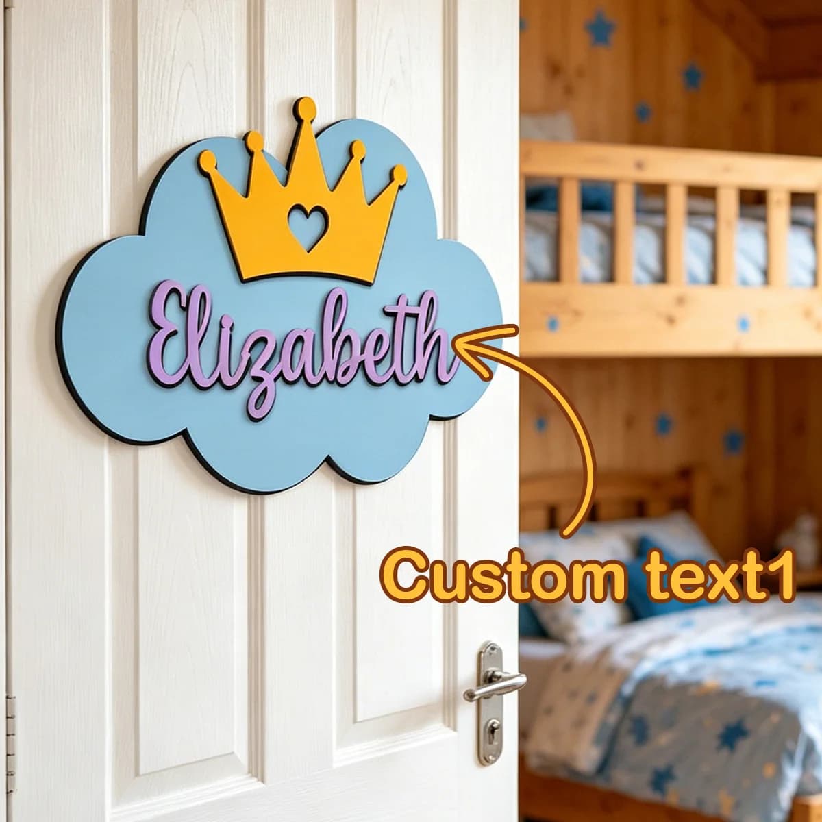 1pc Custom Cloud Crown Wooden Name Sign Personalized Cursive Text Door Wall Hanging Home Decor Gift