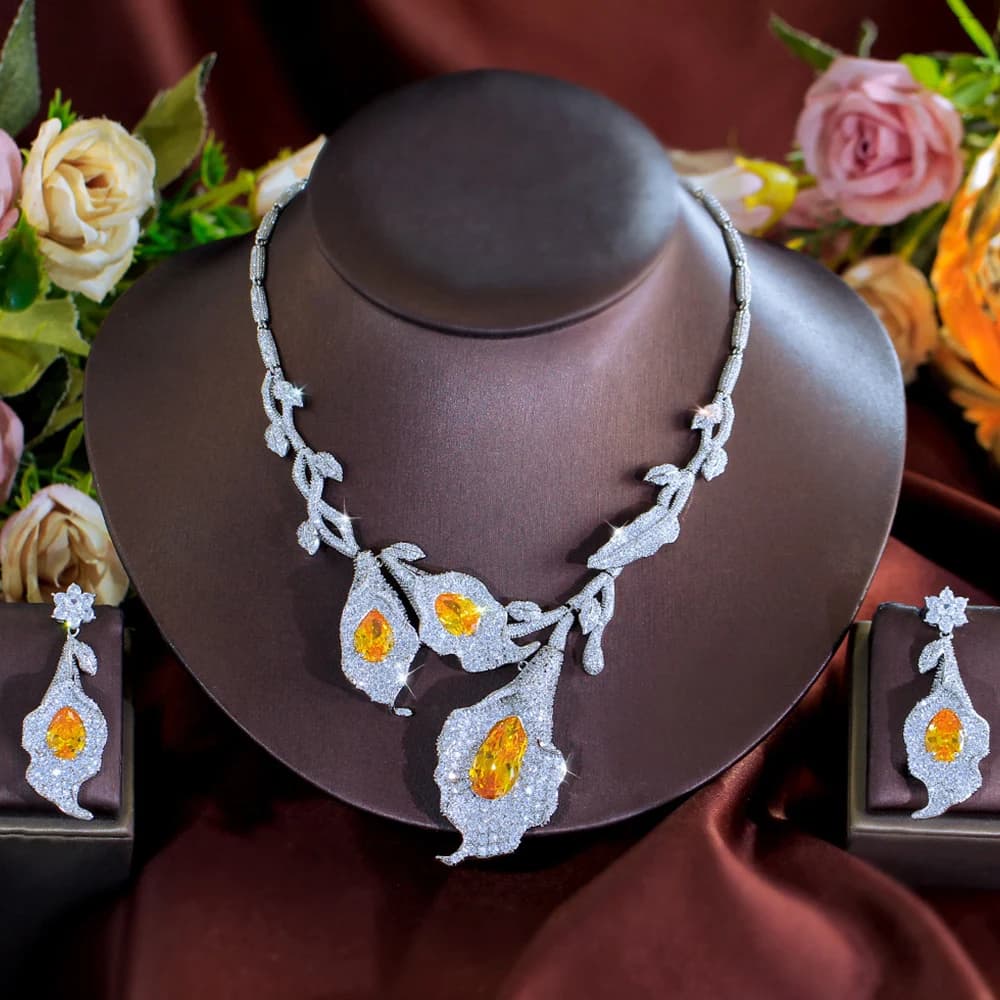 BeaQueen Exquisite Yellow White Zirconia Big Flower Leaf Necklace and Earrings Wedding Statement Jewelry Set for Women T0985