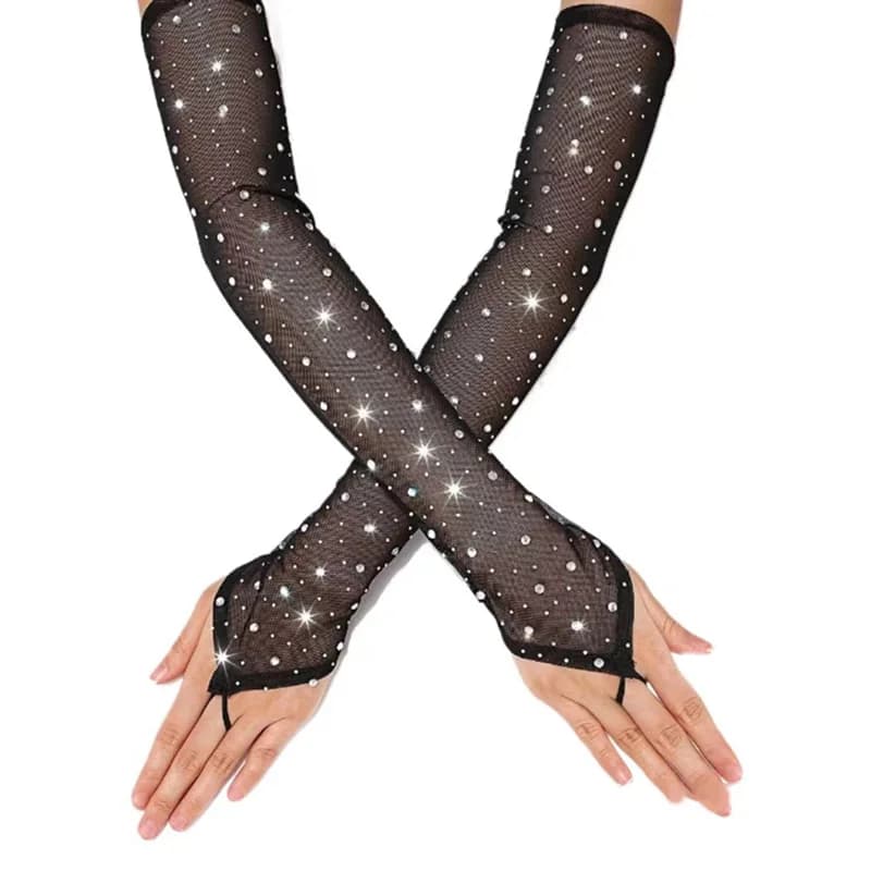 Guanti lunghi da donna con gancio in rete con strass Guanti lunghi senza dita traspiranti trasparenti per feste sexy Maniche elastiche per braccio