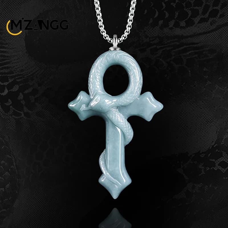 Original Natural A-grade Jade Cross-shaped Spirit Snake Pendant, Exquisite and Personalized Men's and Women's Hip-hop Necklace