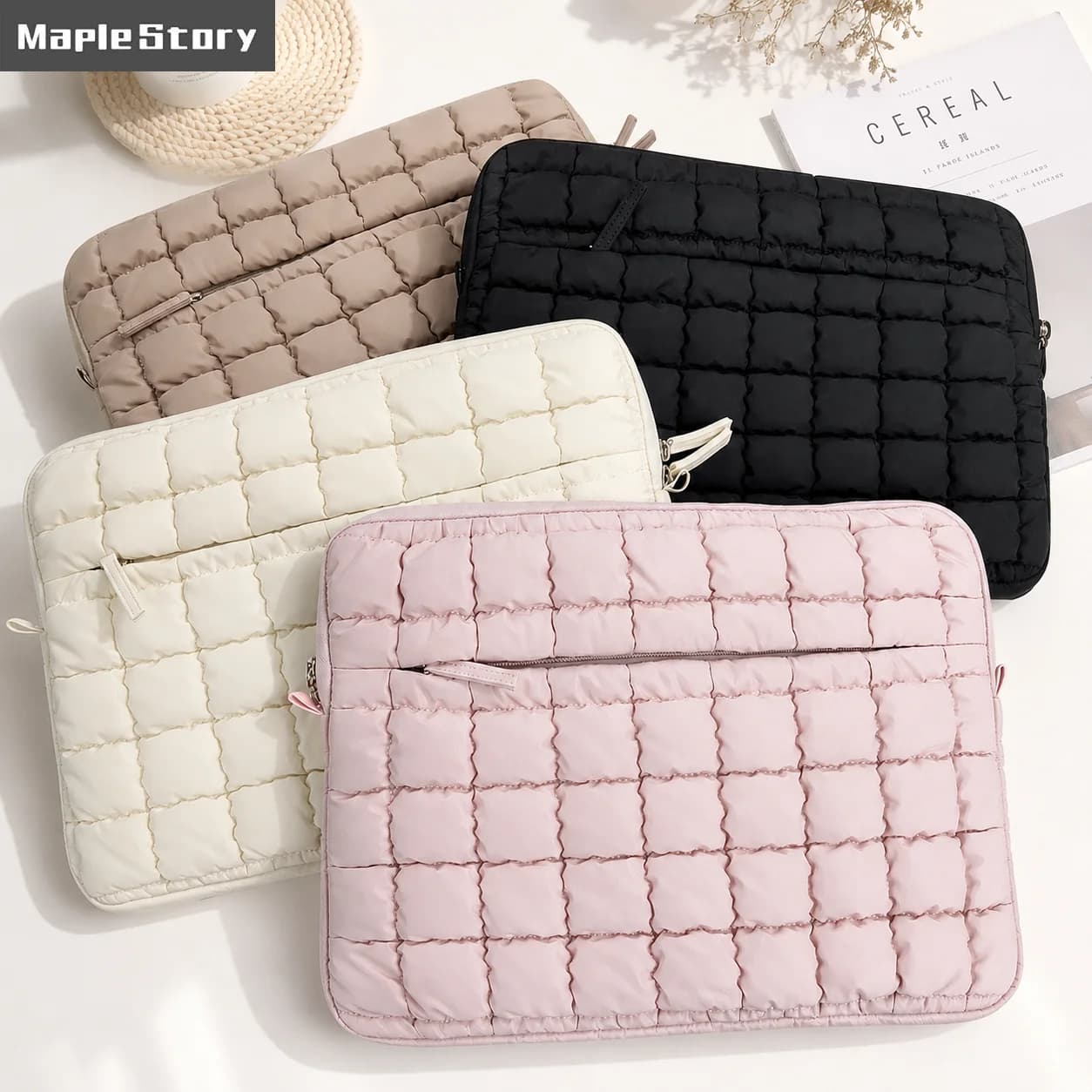 Puffy Quilted Laptop Sleeve 13 14 Inch Soft Padded Protective Notebook Case Zipper Laptop Pouch For MacBook Lenovo Dell HP ASUS