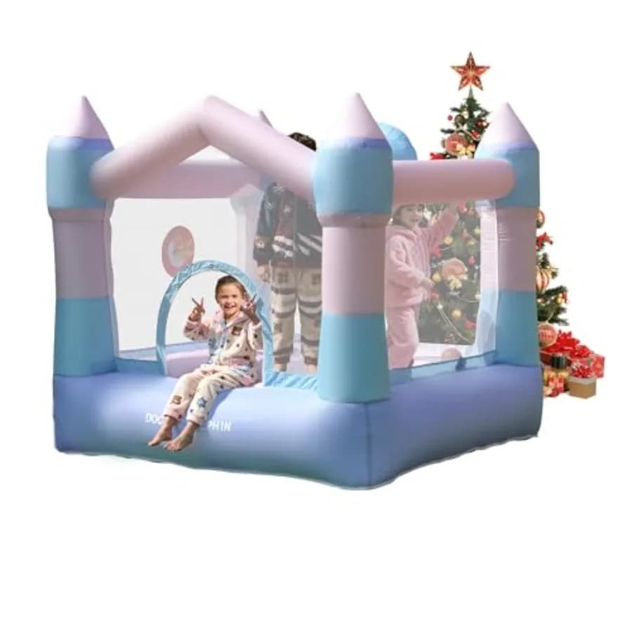 Mini Castello Gonfiabile con Soffiatore per Bambini 3-8 Anni, 2,10 m L x 2,10 m L x 1,93 m A, con Canestro da Basket