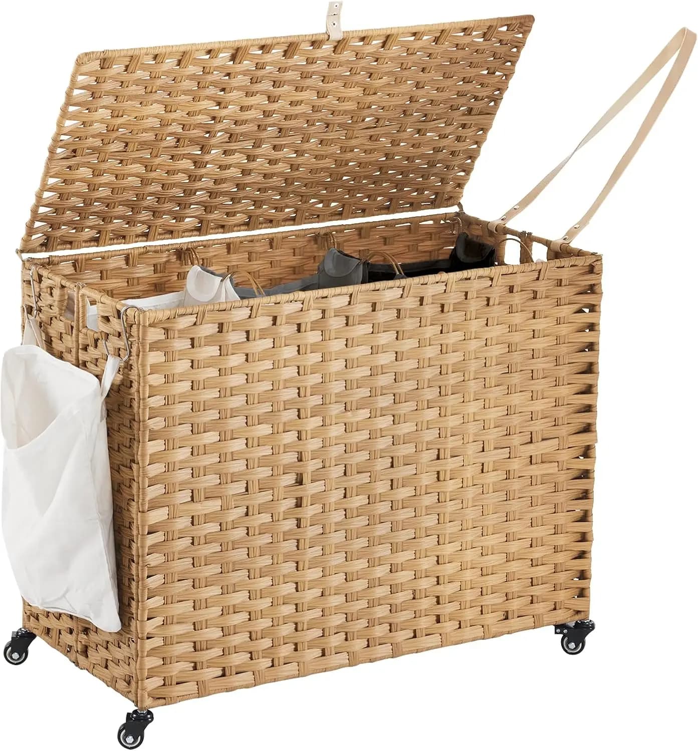 Laundry Hamper with Wheels, Removable Large 3 Color Liners & 3 Mesh Laundry Bags, Clothes Hamper with Side Pocket, Natural